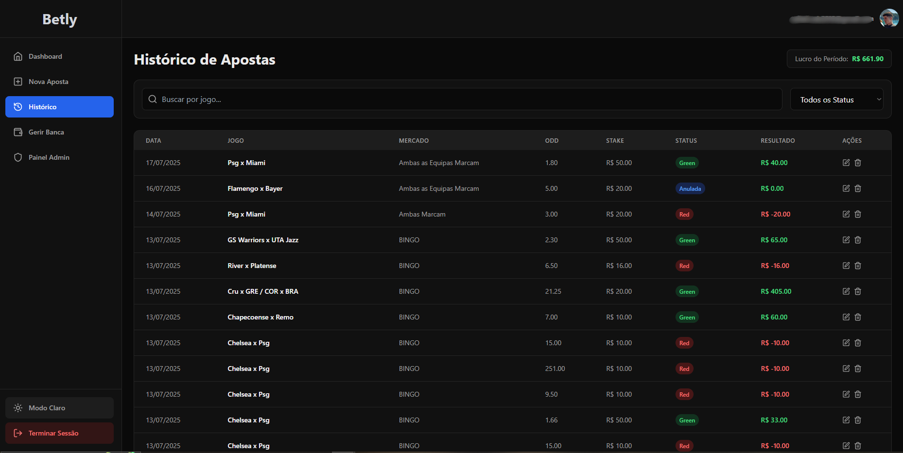 Histórico de apostas